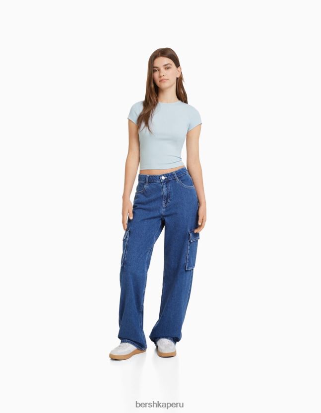 azul claro Bershka unisexo camiseta de canalé manga corta 806J6B3716
