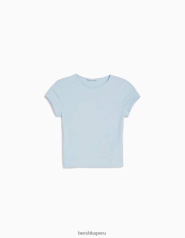 azul claro Bershka unisexo camiseta de canalé manga corta 806J6B3716