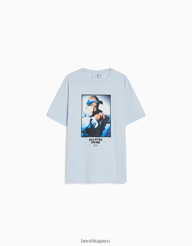 azul claro Bershka unisexo camiseta tupac manga corta 806J6B3709