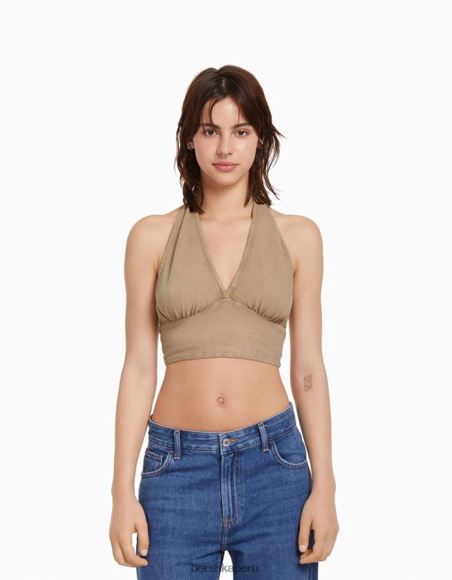 beige Bershka unisexo top corto de mezcla de lino rústico 806J6B3770