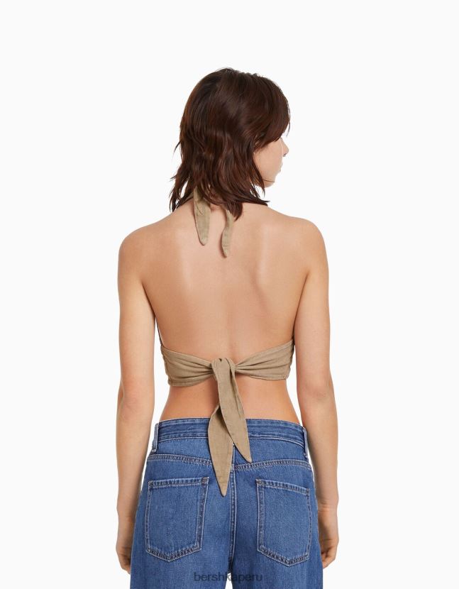 beige Bershka unisexo top corto de mezcla de lino rústico 806J6B3770