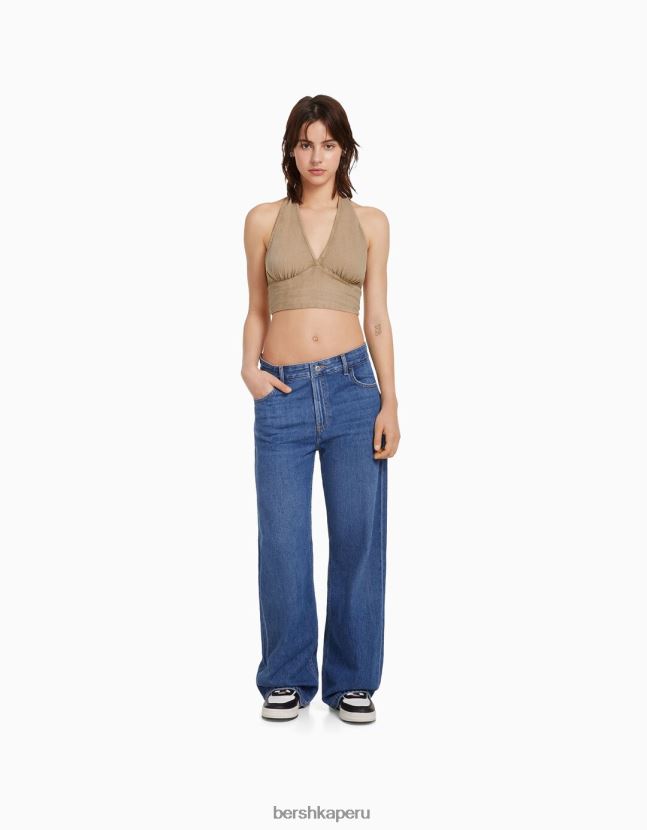 beige Bershka unisexo top corto de mezcla de lino rústico 806J6B3770