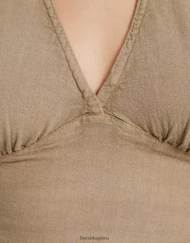 beige Bershka unisexo top corto de mezcla de lino rústico 806J6B3770