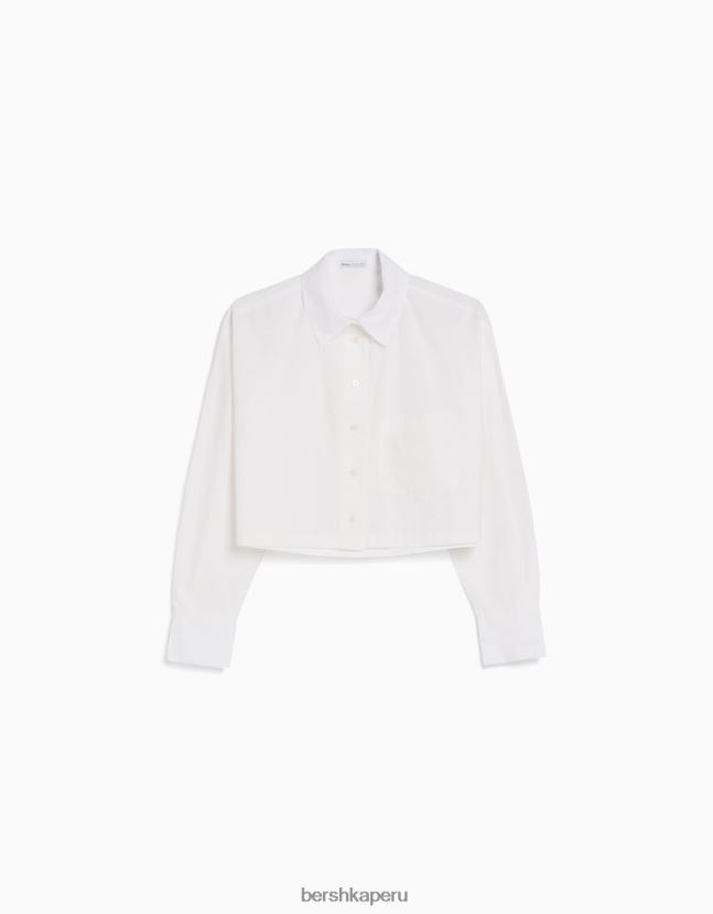 blanco Bershka unisexo camisa corta de popelín de manga larga 806J6B3809
