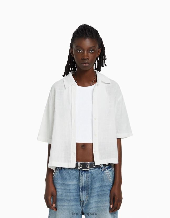 blanco Bershka unisexo camisa rústica manga corta texturizada 806J6B3794
