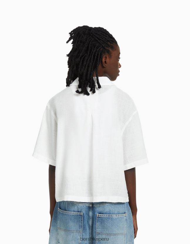 blanco Bershka unisexo camisa rústica manga corta texturizada 806J6B3794