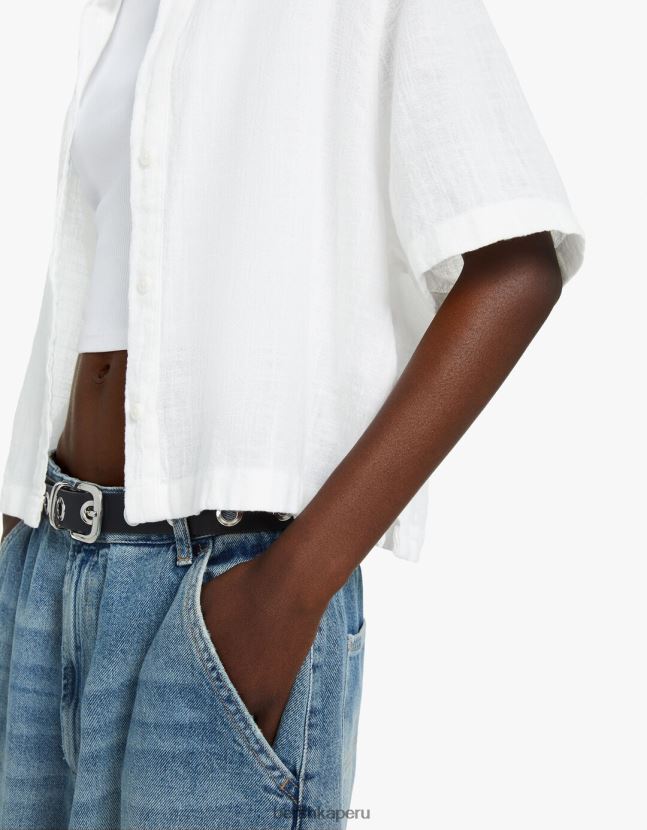 blanco Bershka unisexo camisa rústica manga corta texturizada 806J6B3794