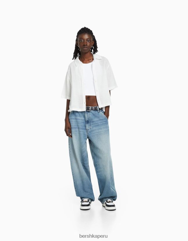 blanco Bershka unisexo camisa rústica manga corta texturizada 806J6B3794