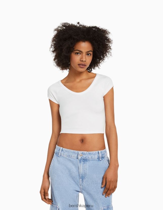 blanco Bershka unisexo camiseta corta ajustada con cuello en V y manga raglán 806J6B3812