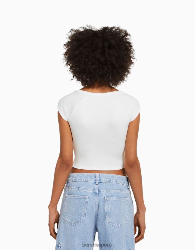 blanco Bershka unisexo camiseta corta ajustada con cuello en V y manga raglán 806J6B3812