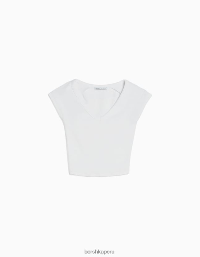 blanco Bershka unisexo camiseta corta ajustada con cuello en V y manga raglán 806J6B3812