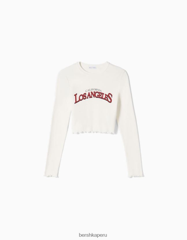 blanco Bershka unisexo camiseta corta de manga larga con estampado 806J6B3834