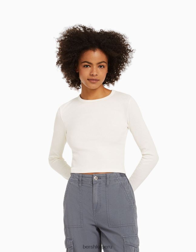 blanco Bershka unisexo camiseta de manga larga de canalé 806J6B3803