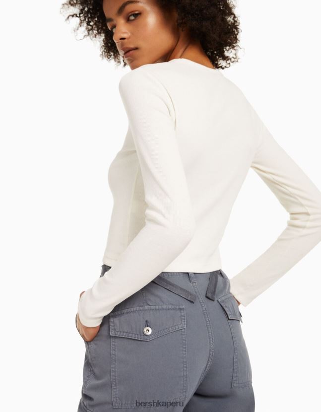 blanco Bershka unisexo camiseta de manga larga de canalé 806J6B3803