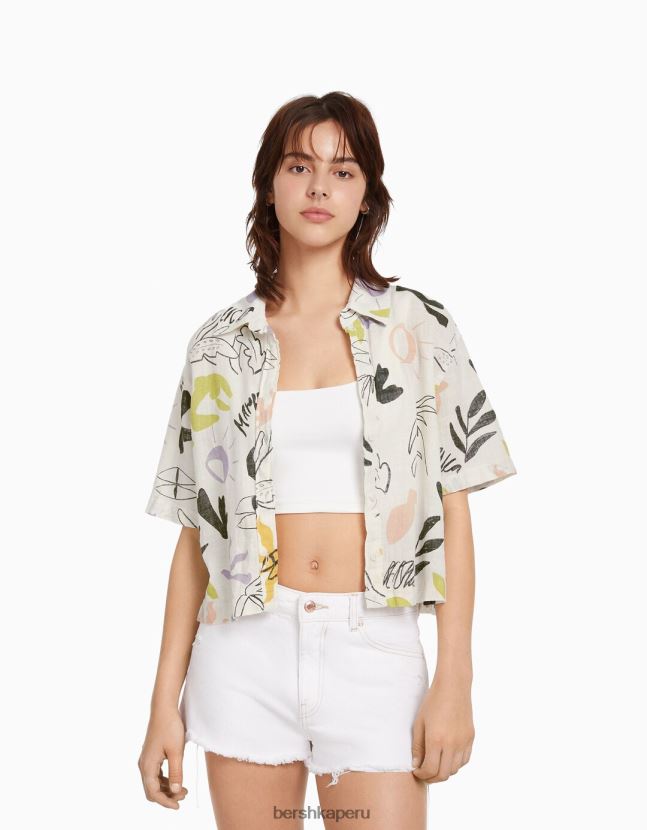 blanco negro Bershka unisexo camisa rústica manga corta texturizada 806J6B3795