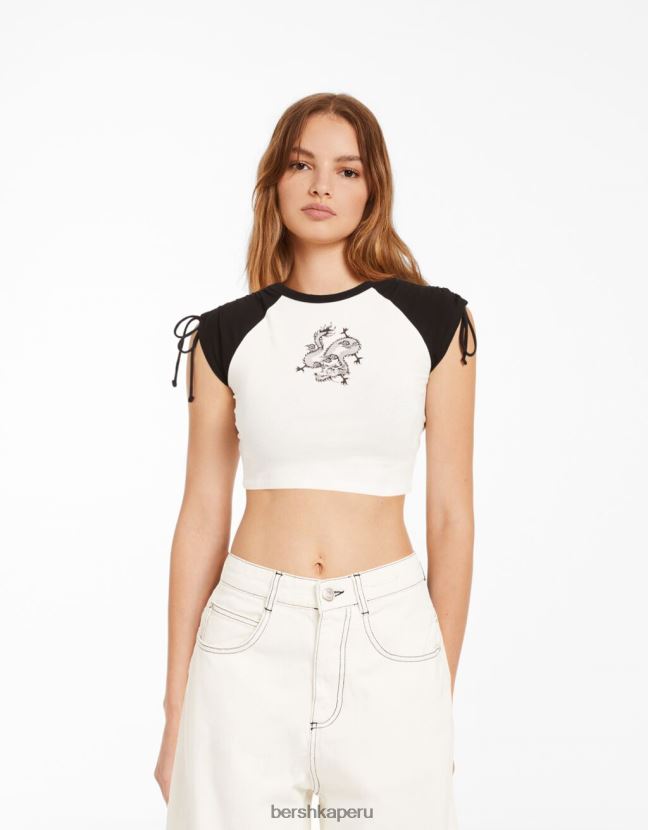 blanco negro Bershka unisexo camiseta de manga corta estampada con frunces 806J6B3797