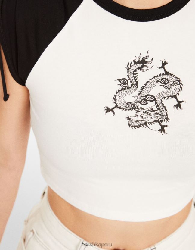 blanco negro Bershka unisexo camiseta de manga corta estampada con frunces 806J6B3797