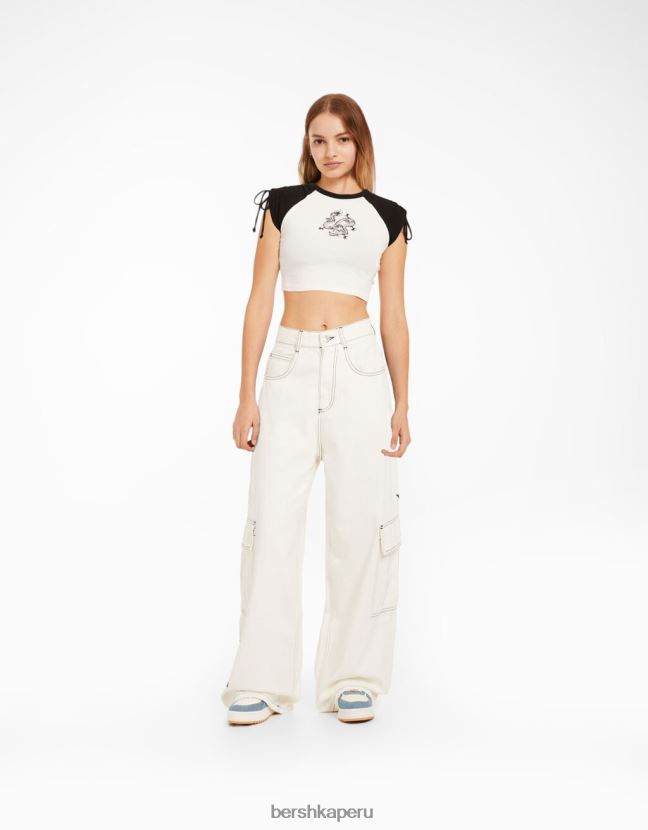 blanco negro Bershka unisexo camiseta de manga corta estampada con frunces 806J6B3797