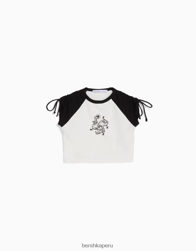 blanco negro Bershka unisexo camiseta de manga corta estampada con frunces 806J6B3797