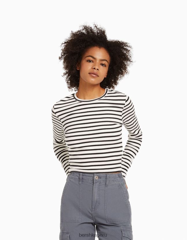 blanco negro Bershka unisexo camiseta de manga larga de canalé 806J6B3804