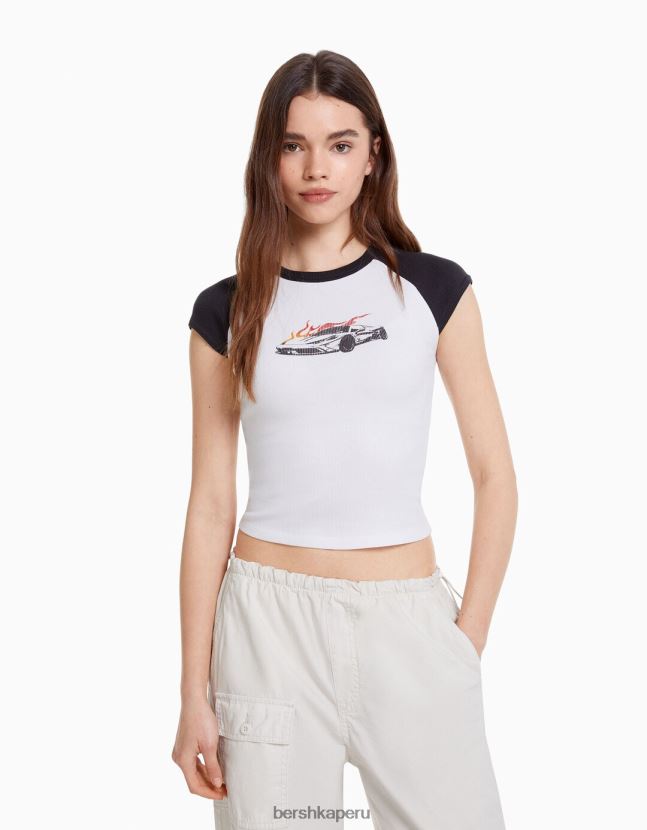 blanco negro Bershka unisexo camiseta estampada con mangas raglán cortas 806J6B3712