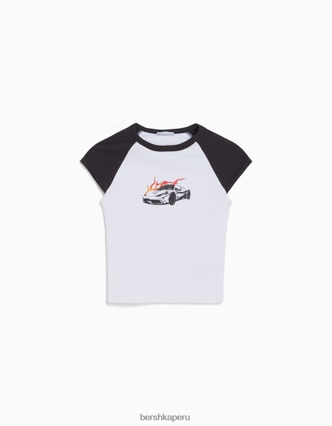 blanco negro Bershka unisexo camiseta estampada con mangas raglán cortas 806J6B3712