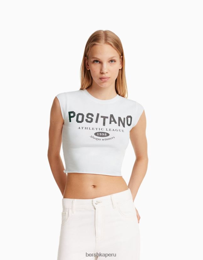 blanquecino Bershka unisexo camiseta cropped de manga corta con estampado 806J6B3738