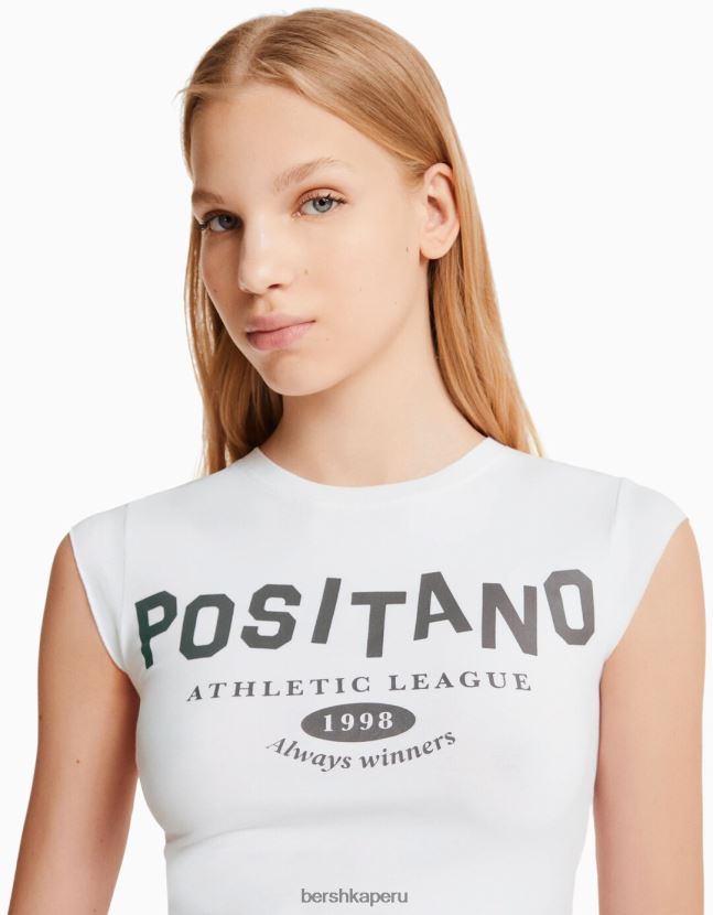 blanquecino Bershka unisexo camiseta cropped de manga corta con estampado 806J6B3738