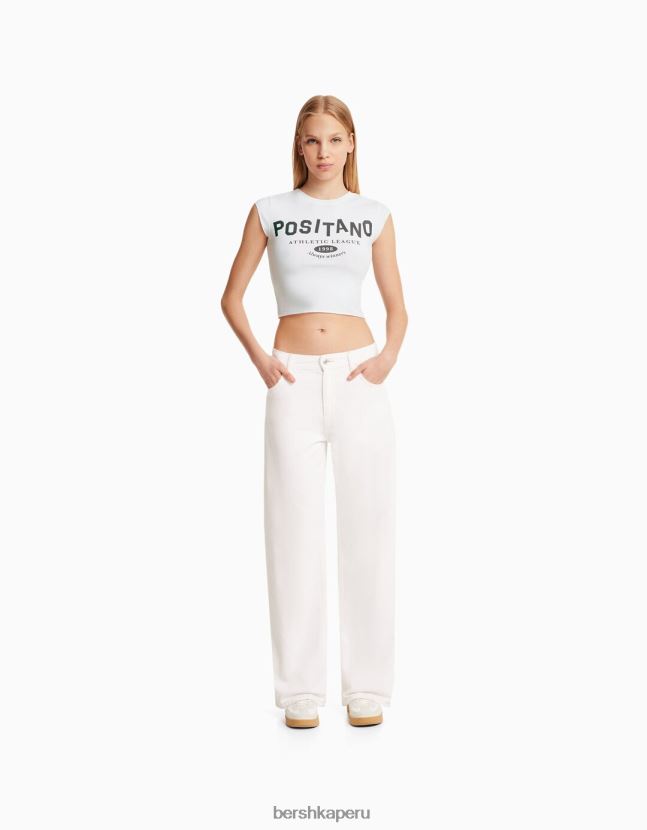 blanquecino Bershka unisexo camiseta cropped de manga corta con estampado 806J6B3738