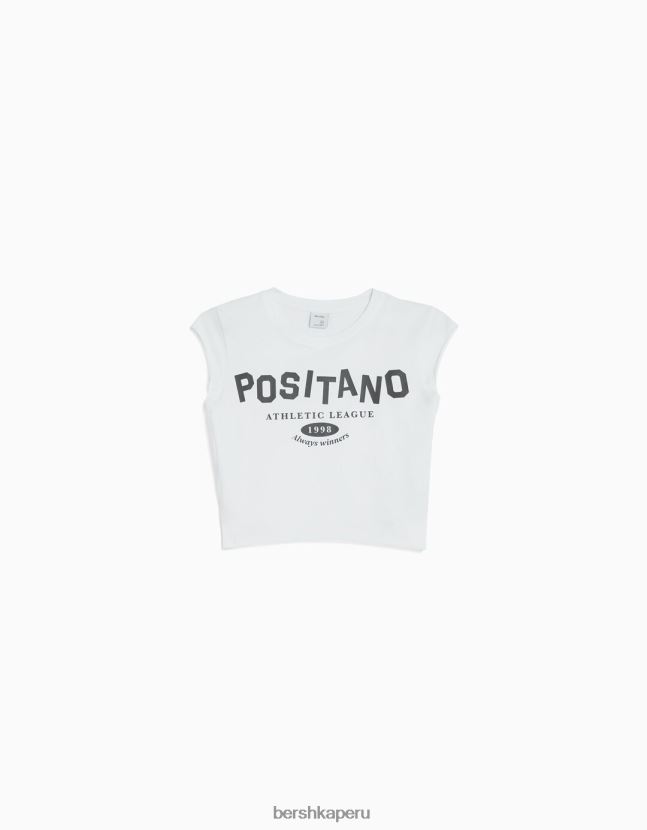 blanquecino Bershka unisexo camiseta cropped de manga corta con estampado 806J6B3738