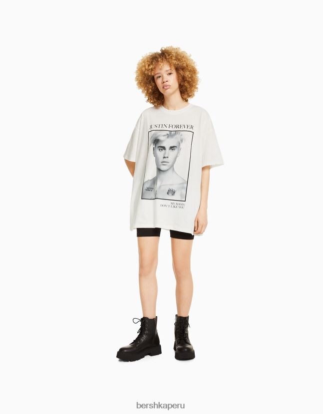 blanquecino Bershka unisexo camiseta de manga corta con estampado de justin bieber 806J6B3706
