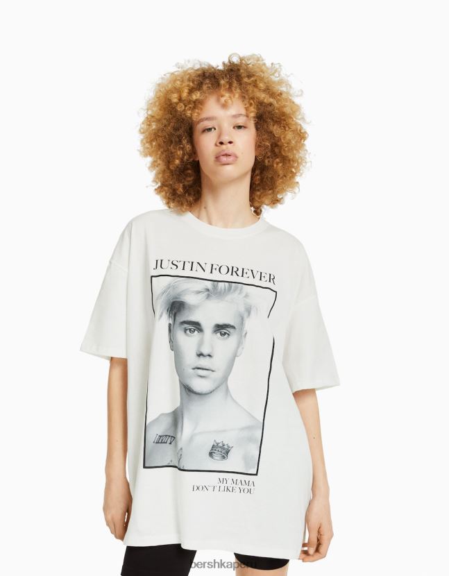 blanquecino Bershka unisexo camiseta de manga corta con estampado de justin bieber 806J6B3706