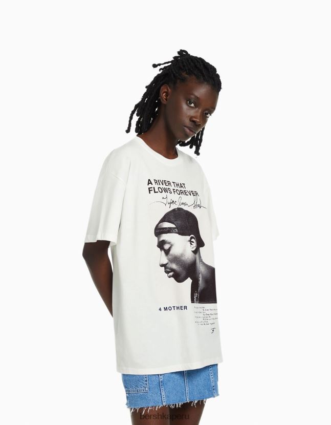 blanquecino Bershka unisexo camiseta de manga corta con estampado de tupac 806J6B3767