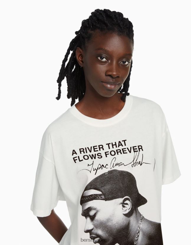 blanquecino Bershka unisexo camiseta de manga corta con estampado de tupac 806J6B3767