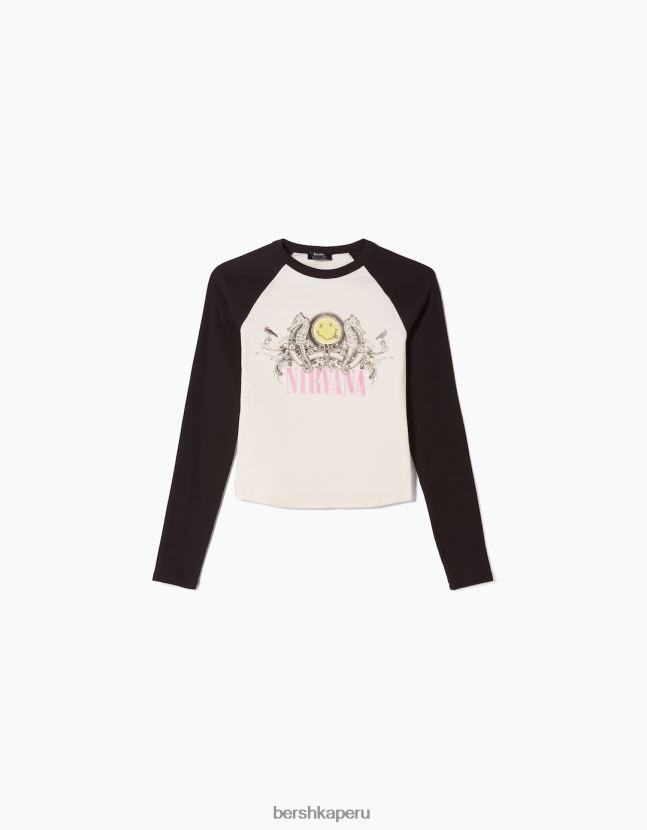 blanquecino Bershka unisexo playera de manga larga de canalé con estampado Nirvana 806J6B3831