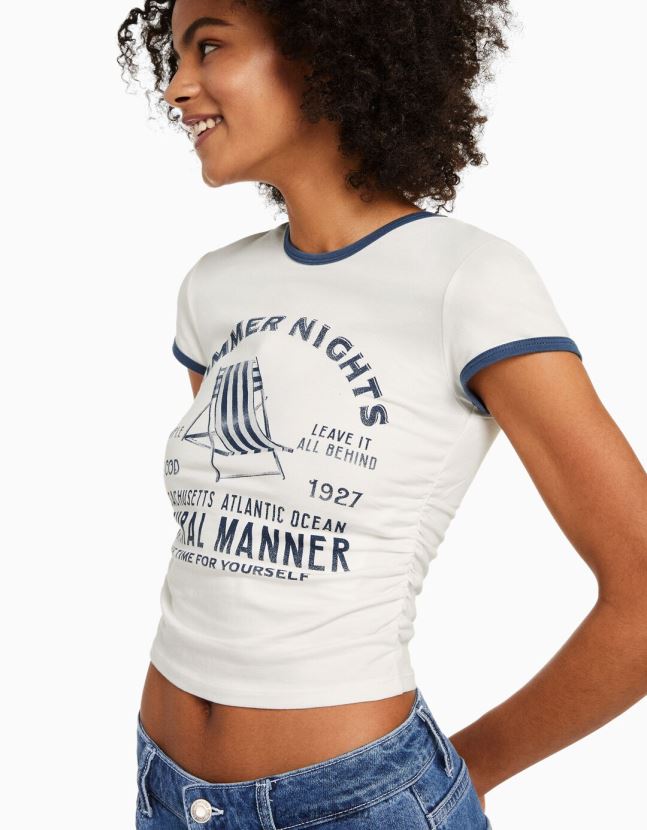blanquecino Bershka unisexo playera manga corta canalé estampada 806J6B3810