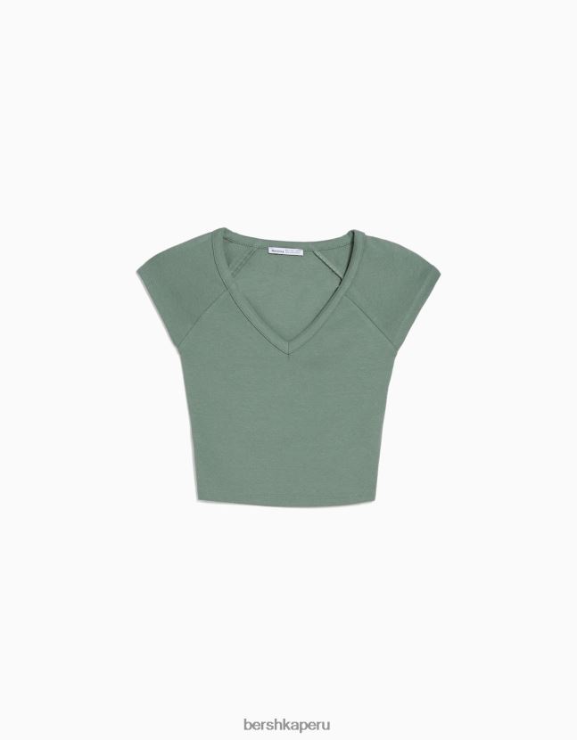 caqui Bershka unisexo camiseta corta ajustada con cuello en V y manga raglán 806J6B3814