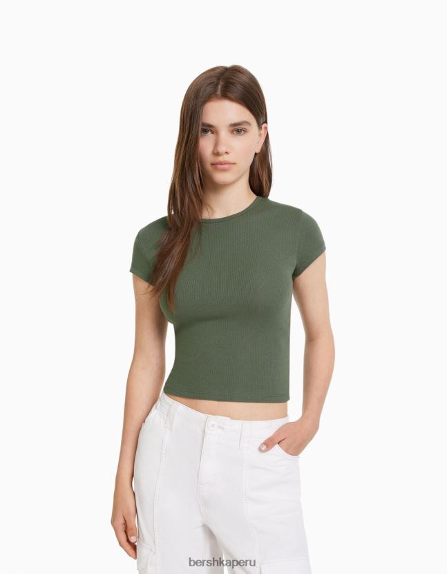 caqui Bershka unisexo camiseta de canalé manga corta 806J6B3720