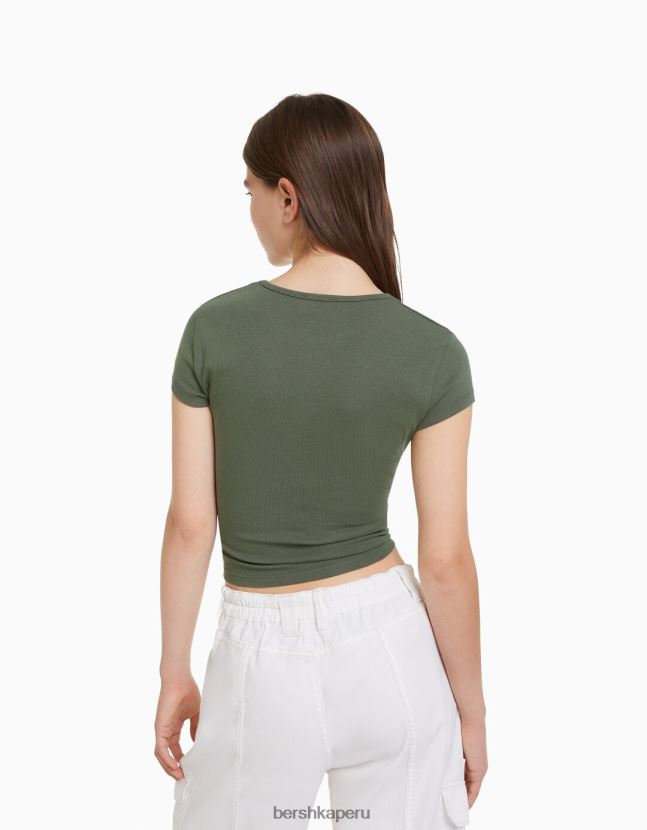 caqui Bershka unisexo camiseta de canalé manga corta 806J6B3720