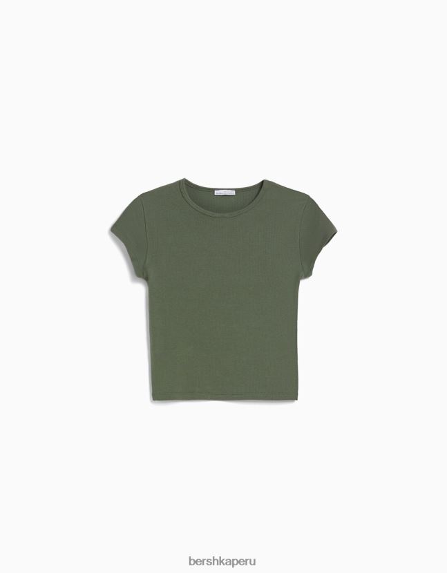 caqui Bershka unisexo camiseta de canalé manga corta 806J6B3720