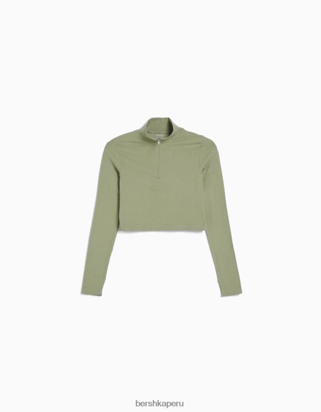 caqui Bershka unisexo camiseta de manga larga sin costuras con cremallera 806J6B3816
