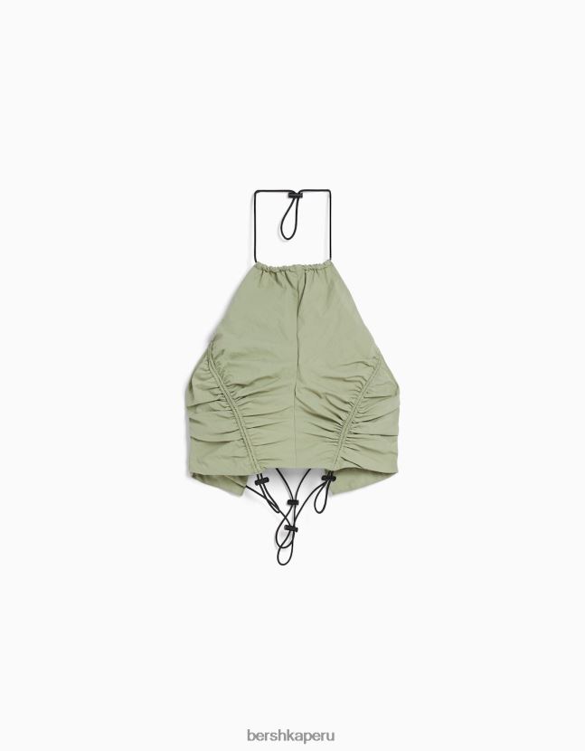 caqui Bershka unisexo top corto de nailon con cuello halter y topes 806J6B3785