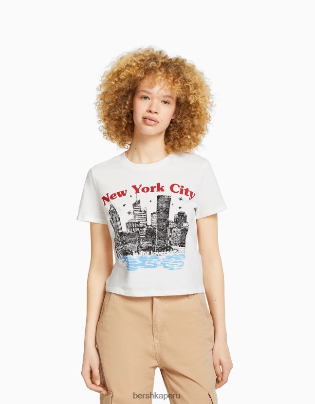 crema Bershka unisexo camiseta de manga corta con estampado 806J6B3743