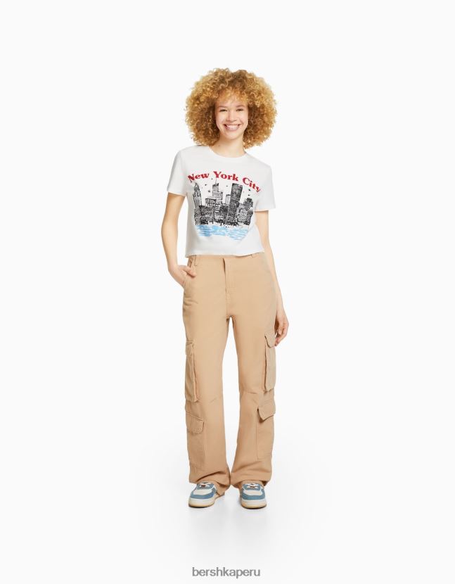 crema Bershka unisexo camiseta de manga corta con estampado 806J6B3743