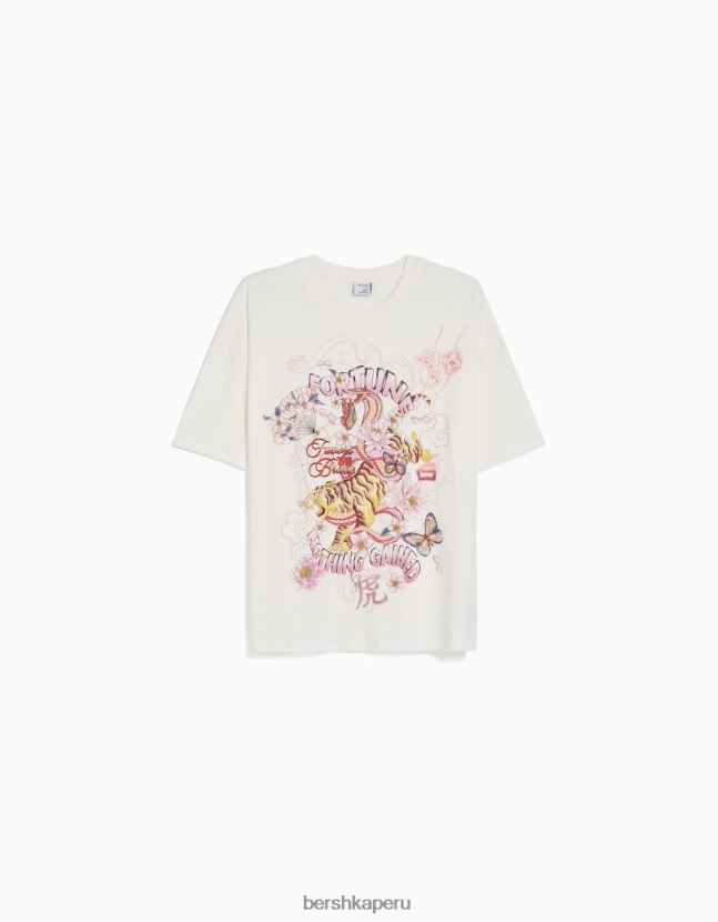 crema Bershka unisexo camiseta de manga corta con estampado 806J6B3798