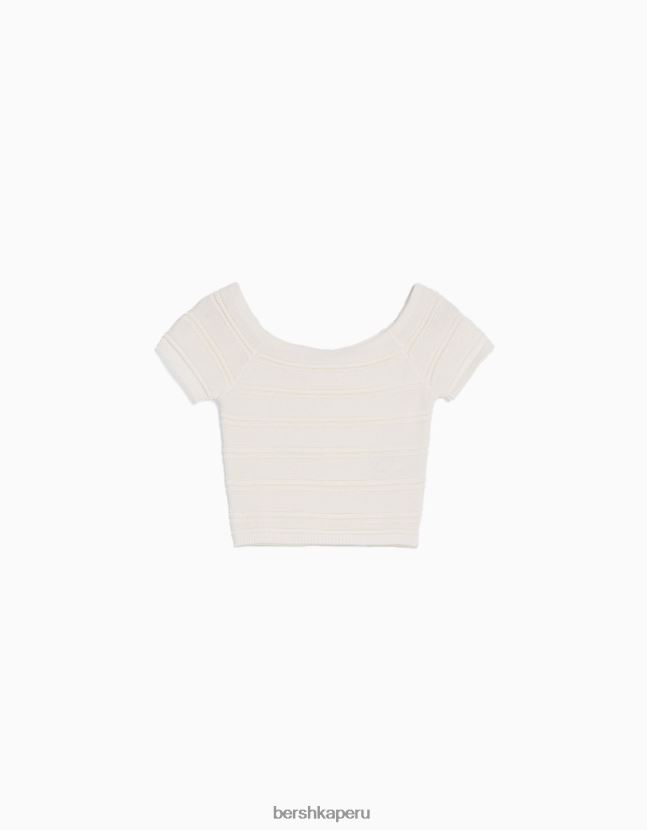 crema Bershka unisexo camiseta de punto de canalé de algodón de manga corta 806J6B3865