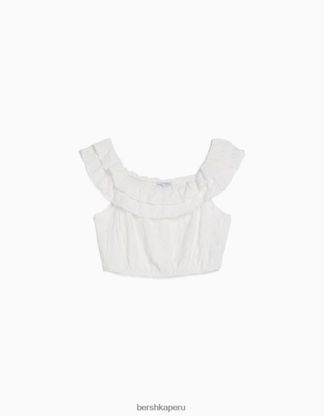 crema Bershka unisexo top con hombros descubiertos y bordado suizo 806J6B3802