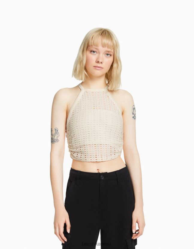 crema Bershka unisexo top de corredor de ganchillo 806J6B3715