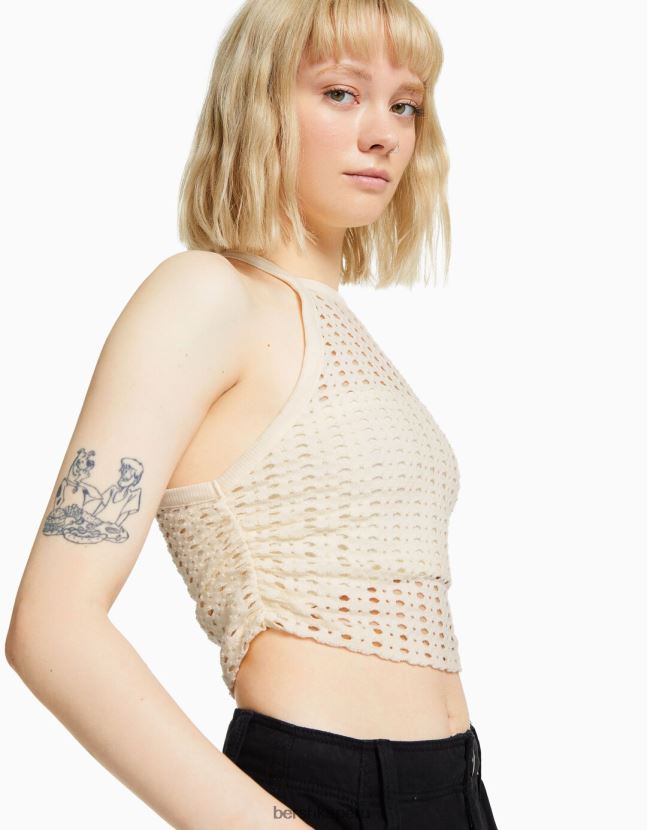 crema Bershka unisexo top de corredor de ganchillo 806J6B3715