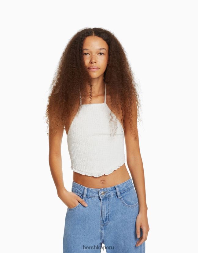crema Bershka unisexo top halter con detalle de lazo y elástico fruncido 806J6B3769